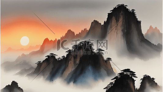 黄山风景插画图片_气势磅礴的中国景点黄山日出风景