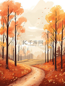 暖橙色插画图片_秋季森林的极简主义插图12