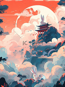 中秋节兔兔插画图片_中秋主题海报山云兔月青色和橙色16