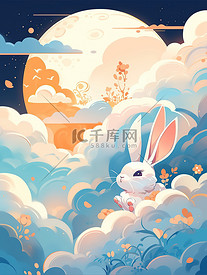 中秋主题海报山云兔月青色和橙色9
