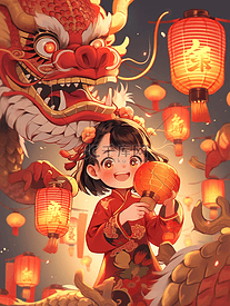 龙年春节插画中国龙和一小女孩正过新年
