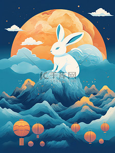 中秋节兔插画图片_中秋主题海报山云兔月青色和橙色14