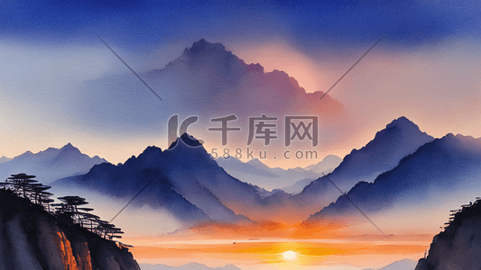 著名插画图片_气势磅礴的著名景点黄山日出风景