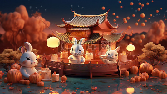 中秋节吃月饼赏月插画图片_可爱的兔子吃月饼赏月1