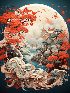 中秋节海报中国插画图片_中秋节满月灯笼古建筑海报4