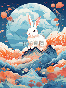 中秋节兔插画图片_中秋主题海报山云兔月青色和橙色10