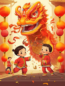 新年中国红插画图片_中国春节小孩子舞龙舞狮12