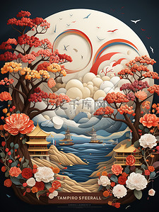 中秋节海报中国插画图片_中秋节满月灯笼古建筑海报8