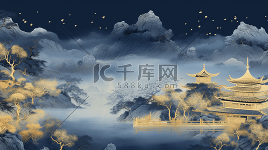 中国风金蓝插画图片_国潮中国风山水中式建筑工笔插画12