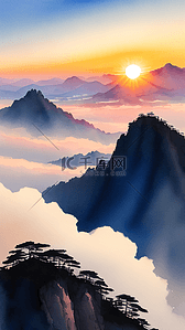 旅游著名插画图片_气势磅礴的中国著名景点黄山日出风景10