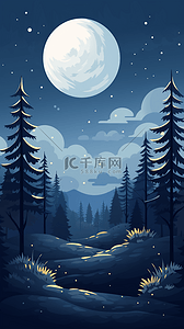 半透明圆边框插画图片_森林上空的月亮明月夜场景插画
