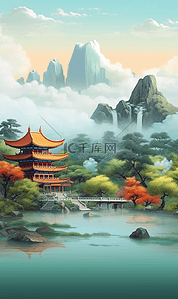 中国风大气古风东方山水写实插画