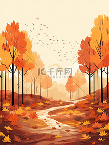 暖橙色插画图片_秋季森林的极简主义插图8
