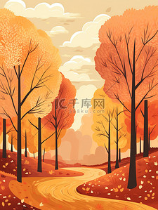 暖橙色插画图片_秋季森林的极简主义插图17