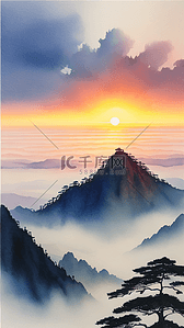 黄山风景插画图片_气势磅礴的中国著名景点黄山日出风景13