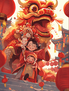 龙年春节插画红色中国龙小女孩在过新年
