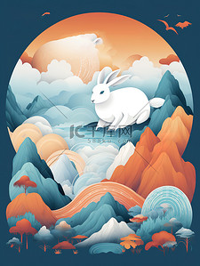 兔月插画图片_中秋主题海报山云兔月青色和橙色7