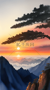 黄山风景插画图片_气势磅礴的中国著名景点黄山日出风景9