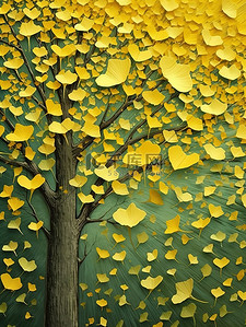 秋色银杏树黄色和绿色插画4