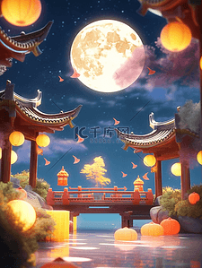 花朵月亮插画图片_3D立体中秋节夜晚唯美月亮湖水建筑42