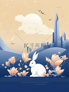 中秋节兔子花卉暖色插画6