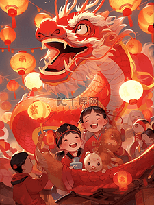 中国龙年春节小孩逛街游庙会挂灯笼29