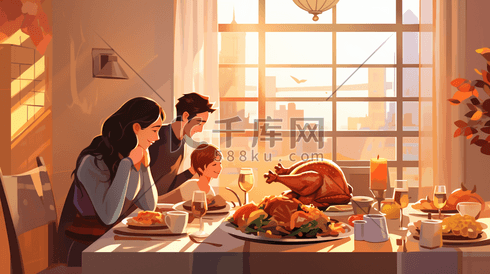 餐桌上的美味火鸡感恩节节日插画17