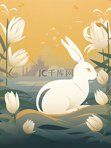 花卉兔子插画图片_中秋节兔子花卉暖色插画8