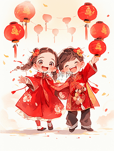新年中国风挂灯笼场景手绘