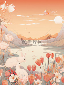 花卉兔子插画图片_中秋节兔子花卉暖色插画7