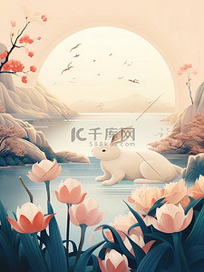 花卉兔子插画图片_中秋节兔子花卉暖色插画12