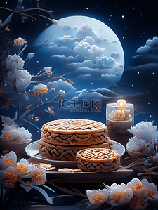 深蓝高级插画图片_暗色深蓝夜晚中秋夜景月饼插画