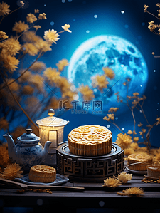 深蓝高级插画图片_暗色深蓝夜晚中秋夜景月饼插画