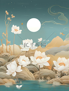 花卉兔子插画图片_中秋节兔子花卉暖色插画11