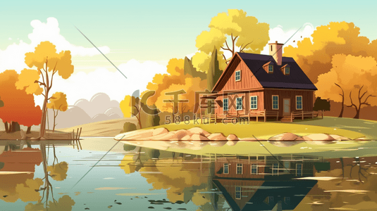 背景湖插画图片_一个有树的湖，背景是一所房子