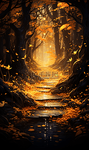 秋季秋天金色的树林插画