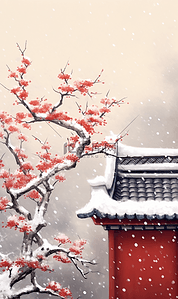 中国风马蹄墙雪景插画梅花