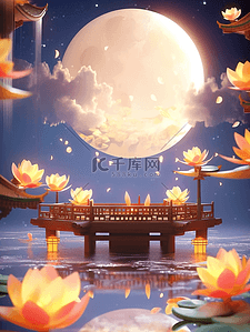 C4D场景插画图片_3D立体中秋节夜晚唯美月亮湖水建筑7