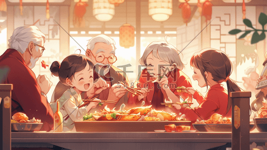 中国新年团圆饭喜庆的场景手绘