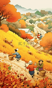 中国风秋季海报插画图片_二十四节气秋天海报农忙场景