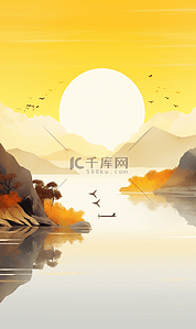 中国风秋季海报插画图片_中国风抽象山水画秋季