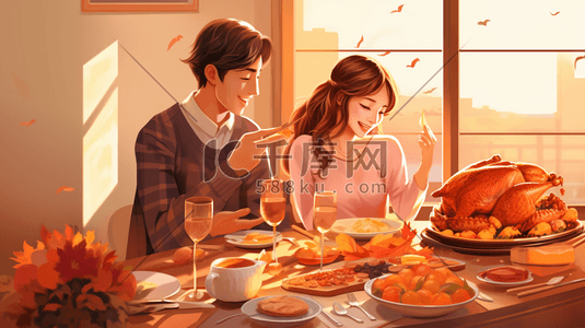 感恩节泡沫字插画图片_餐桌上的美味火鸡感恩节节日插画13