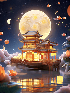 C4D场景插画图片_3D立体中秋节夜晚唯美月亮湖水建筑2