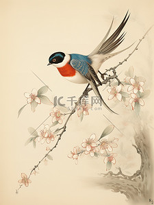 喜鹊中国插画图片_中国工笔画风格喜鹊和花朵
