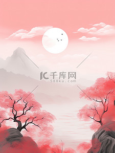 单色插画图片_清澈的粉红色中国风山水插画7