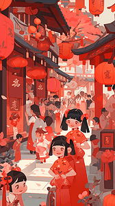热闹的场景插画图片_中国新年喜庆热闹的集市手绘