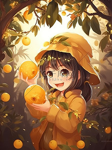 秋天丰收水果插画图片_灿烂的秋色小女孩捧着水果10
