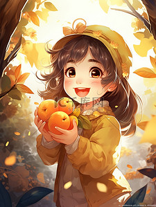秋天水果插画图片_灿烂的秋色小女孩捧着水果3