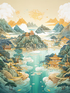 湖光山色中国风浅绿色插画11