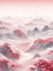清澈的粉红色中国风山水插画11
